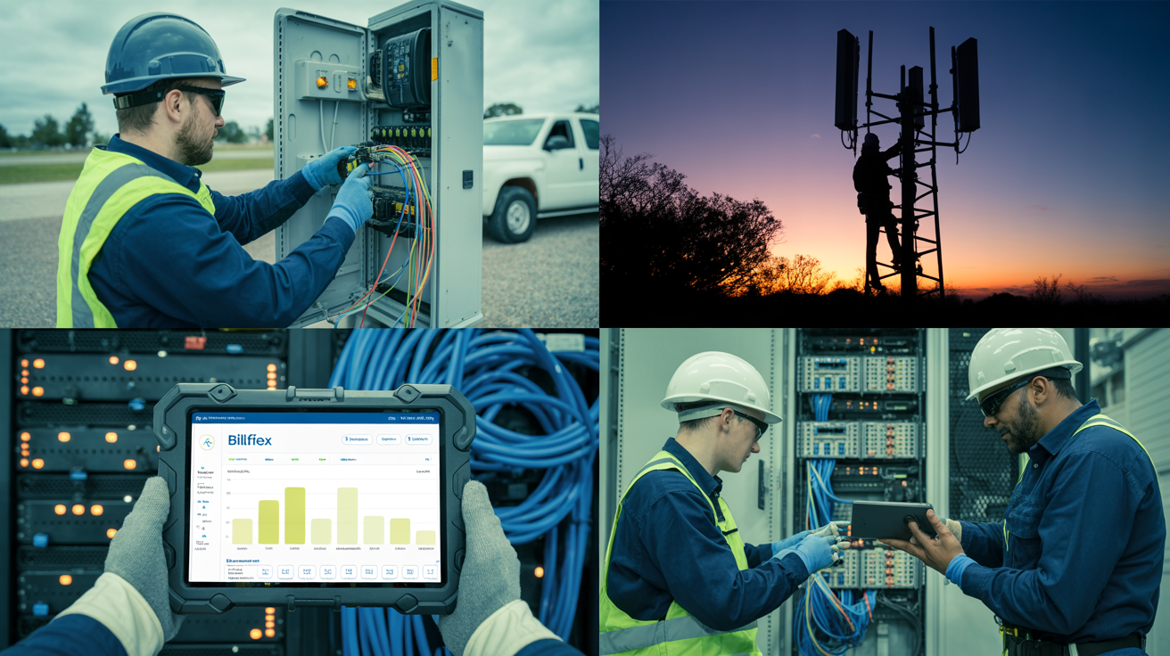 Telecom field service technicians installing fiber, climbing cell towers, and reviewing Billflex analytics on rugged tablets