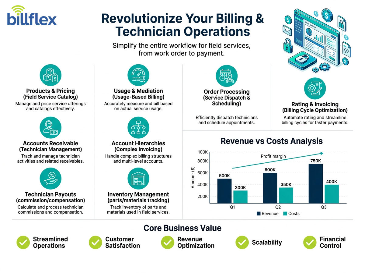 Revolutionize Your Billing and Technician Operations — Products and Pricing, Usage and Mediation, Order Processing, Rating and Invoicing, Accounts Receivable, Account Hierarchies, Technician Payouts, Inventory Management with Core Business Value outcomes